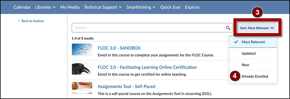 Sort: Most Relevant is to the right of the search box. Available courses and tutorials are listed below the search box.