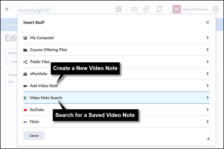 Insert Stuff menu contains Add Video Note to create a new note, and Video Note Search to locate a recorded note.