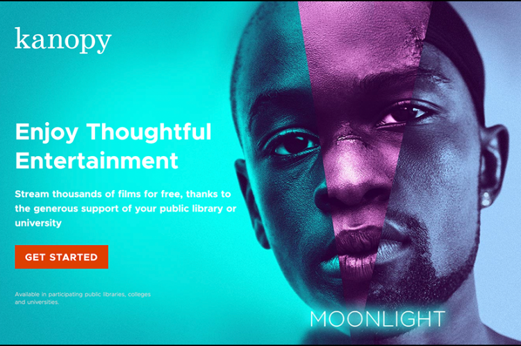 kanopy homepage with promo of movie Moonlight
