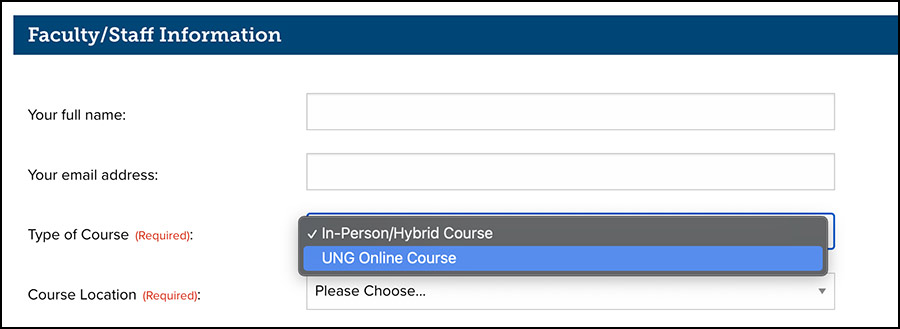 The Academic Alert form has a type of course menu for either in-person/hybrid course or UNG online course
