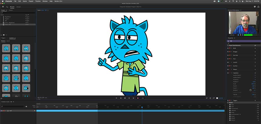Screenshot of Prp mode with puppet movements on left, large animated character center, face-tracing top right, and audio timeline along the bottom.