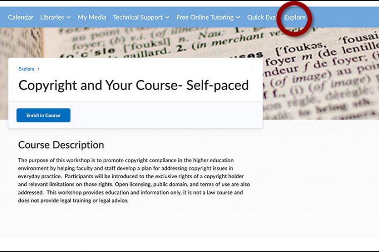 explore tool in D2L with copyright workshop selected