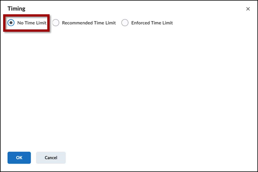 Quiz page with three timing settings: not time limit, recommended time limit, enforce time limit