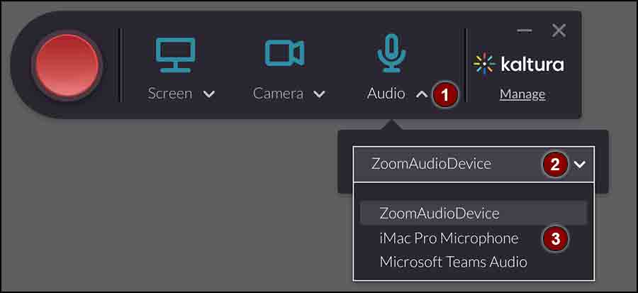Capture app with audio device menu displayed