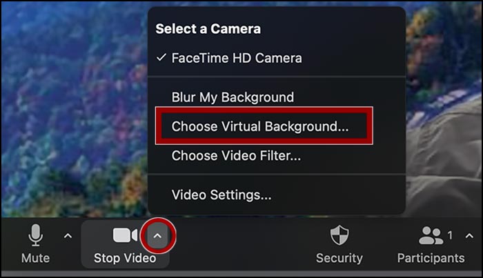 Zoom menu includes blur my background, choose virtual background, choose video filter.