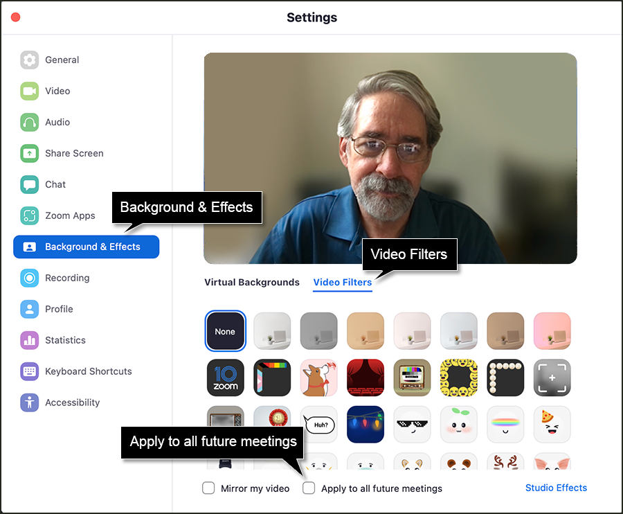 Background & Effects with Video Filters selected. Filters are displayed below the active video image. Apply to future meetings checkbox is on bottom.