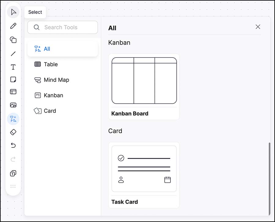 The More Tools icon on the new Whiteboards tool bar is between the images and eraser icon. More Tools includes Tables, Mind Map, Kanban, and Card templates.