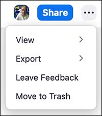 Whiteboards shared during a Zoom meeting have view, export, Leave Feedback and Move to Trash under three dots menu.