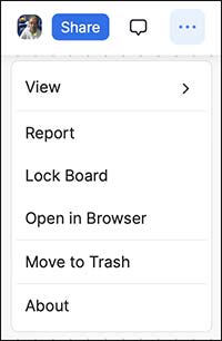 The three dots menu provides additional options when using the whiteboard: view, report, lock board, open in browser, and move to trash.