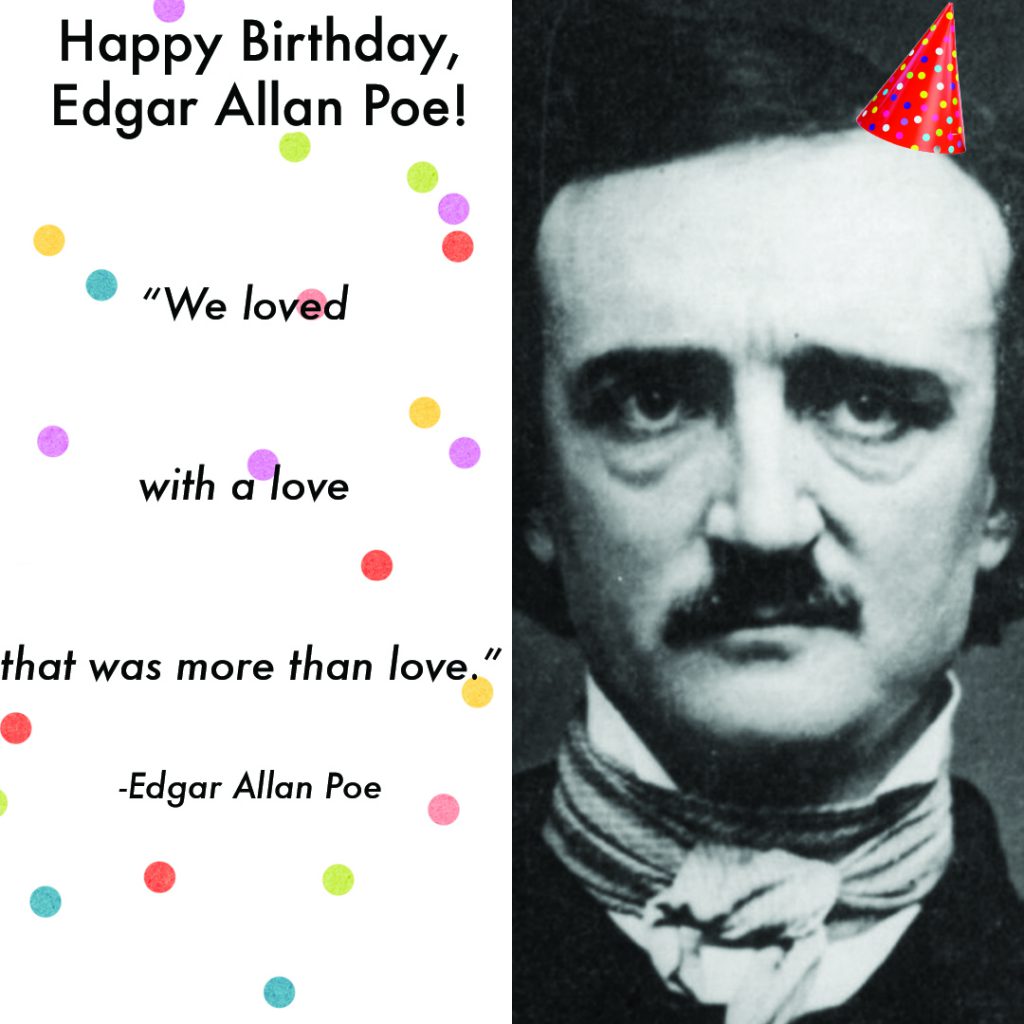 A picture of Edgar Allan Poe wearing a photoshopped birthday hat.