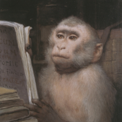 A painting of a monkey reading a book by Gabriel von Max.